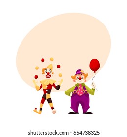 Two cheerful clown on a holiday, vector cartoon comic illustration with space for text. funny cartoon clown shows tricks, funny comic clown holding balloon, funny faces and cheerful mood