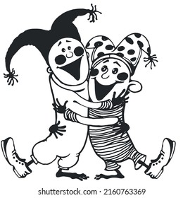 Two cheerful clowns hugging. Joy. Cartoon illustration. Sketch.