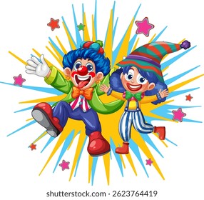 Two cheerful clowns in vibrant costumes with a dynamic starburst background, emphasizing joy and playfulness in a cartoon style