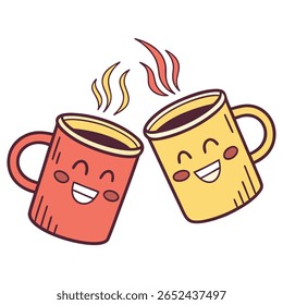 Two cheerful coffee mugs clinking together friendship day celebration vector design