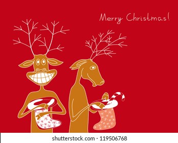 Two cheerful deer received gifts and enjoyed