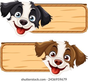 Dos perros alegres con carteles de madera en blanco.