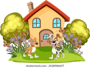 Two cheerful dogs in front of a small house.