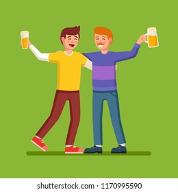 Two cheerful drunk friends are hugging each other. Modern flat style thin line vector illustration isolated on green background.