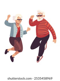 Two cheerful elderly people, a man and a woman, joyfully dancing or jumping on a white background, symbolizing vitality, energy and a positive outlook on aging