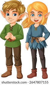Two cheerful elves in colorful outfits, showcasing a whimsical fantasy style with vibrant colors and playful expressions