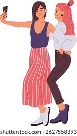 Two cheerful female friends capturing a joyful self portrait with a smartphone, celebrating their friendship and enjoying a fun moment together in a stylish and casual setting