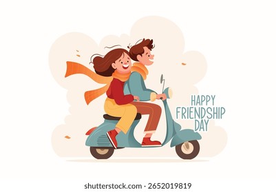 Two cheerful friends enjoying a ride on a scooter, celebrating Friendship Day with joy and happiness. Their carefree friendship is depicted in this colorful, illustrated scene, spreading positivity an