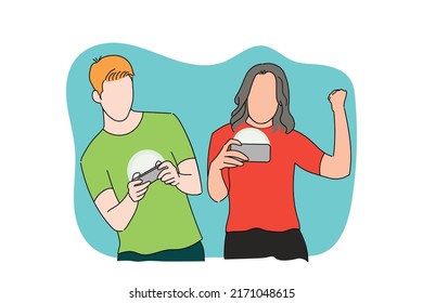Two cheerful friends standing playing mobile games. flat design.