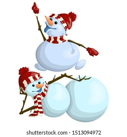 Two cheerful funny snowman cartoon style