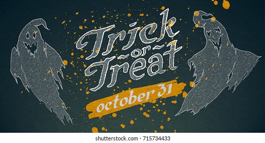Two cheerful ghosts on the blue background. Halloween Postcard (Party poster, background). Vector illustration with hand drawn type calligraphy design. Paper textured.