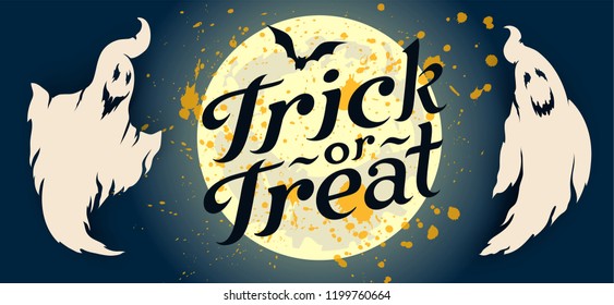 Two cheerful ghosts on the full moon. Happy Halloween template for banner, poster, greeting card, party invitation. Trick or treat - 31 of October. Vector illustration lettering calligraphy design 
