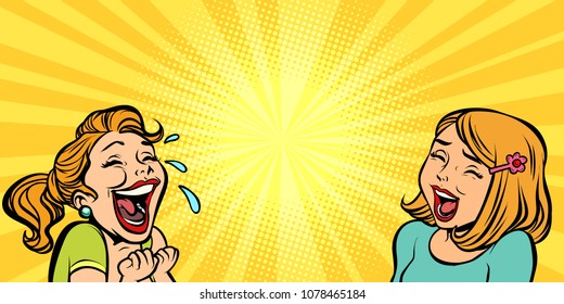 Two cheerful girlfriend girls laugh. Comic cartoons pop art retro vector illustration kitsch drawing