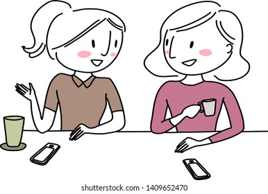 Two cheerful girlfriends talking at cafe. Cute women talking happily at coffee shop.  Young women siting at cafe, talking to each other. Girl talk. Vector illustration with hand-drawn style.