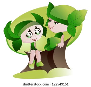 Two cheerful gnomes sitting on a branch of the big old green tree