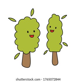 Dos alegres árboles verdes con una sonrisa y ojos.