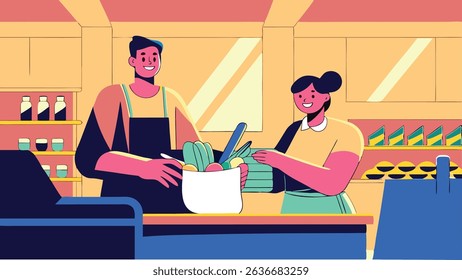 Two cheerful grocery store employees, one male and one female, are interacting at the checkout counter, showcasing teamwork and customer service in a vibrant retail environment