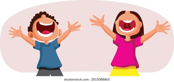 Two Cheerful Happy Kids Opening Arms For Warm Hug Vector. Smiling friendly young children welcome friends with widespread embrace showing immense affection