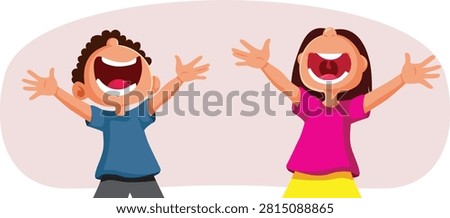 Two Cheerful Happy Kids Opening Arms For Warm Hug Vector. Smiling friendly young children welcome friends with widespread embrace showing immense affection