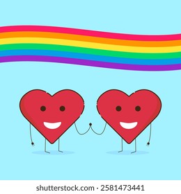 Two cheerful heart characters holding hands under a vibrant rainbow flag, symbolizing love, unity, and pride