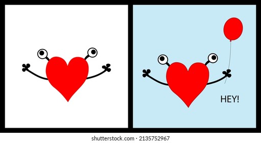 Two cheerful hearts with hands and eyes isolated on white and blue backgrounds. Print for T-shirts and other textiles. Set of funny banners. Vector illustration.