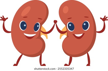 Dois personagens renais alegres que promovem a saúde e o bem-estar, segurando as mãos e acenando, envolvendo os espectadores na aprendizagem sobre a função renal e a prevenção da doença