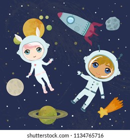Two cheerful kids in outer space. Cartoon astronauts characters. Poster or card design.