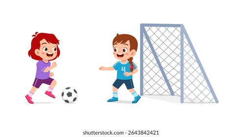 Two cheerful kids playing soccer near a goal, smiling and having fun illustration
