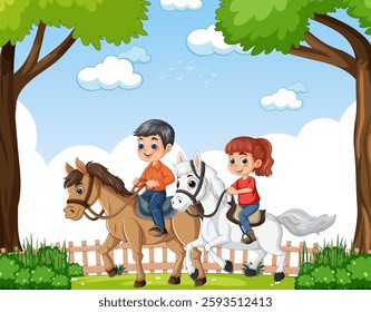 Two cheerful kids riding horses outdoors under sunny skies