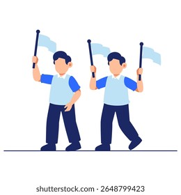 Two cheerful kids wave bright blue flags with excitement, creating a fun and lively celebration scene full of energy and unity.