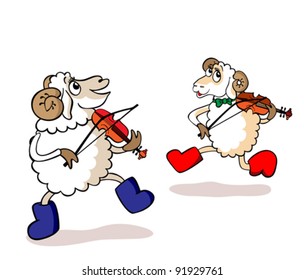 Two cheerful lambs play violins. Lambs are musicians. Lambs are musicians.