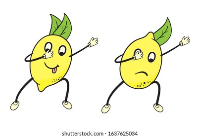 two cheerful lemons - male and female - lemon in the cartoon style with legs and hands dancing