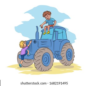 Two cheerful little boy playing with farm tractor transport. Happy friend climbing on big vehicle. Backyard on farm countryside. Children enjoy summer rest and fun in village. Vector illustration