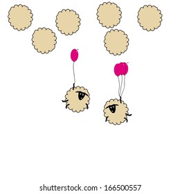 Two cheerful little lamb flying in the clouds on balloons