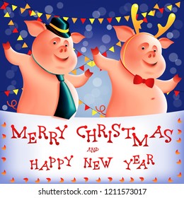 Two cheerful little piggies. Chinese New Year. The year of the pig. Handmade drawing vector illustration. Can be used for posters, banners, illustrations, children's books etc.