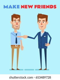 Two cheerful man make a handshake. Make new friends concept. Simple vector illustration