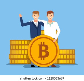 Two cheerful men holds big bitcoin. Electronic currency concept. Flat design vector illustration