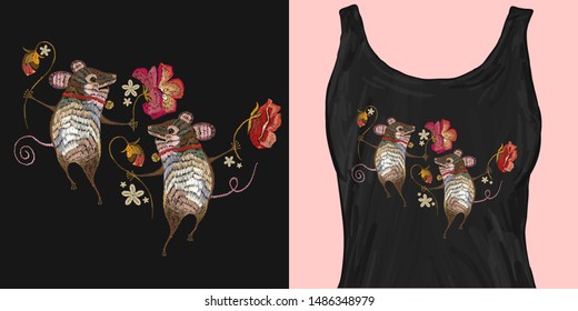 Two cheerful mice are danced in flowers classical embroidery. Trendy apparel design. Template for fashionable clothes, textile, modern print for t-shirts
