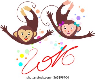 Two cheerful monkeys with a playful mood and with the inscription of the new year. Card, Chinese new year. The year of the monkey