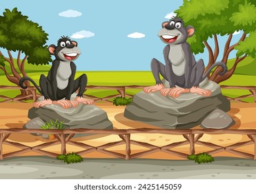 Two cheerful monkeys sitting on rocks outside