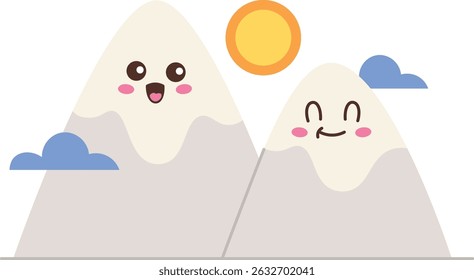 Two cheerful mountains with faces under a bright sun and fluffy clouds in a playful style. Happy peaks with expressions bask in sunlight and surrounded by soft clouds. Cartoon vector illustration.
