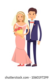 Two cheerful newlyweds, card isolated on white background, smart groom and bride, pink dress and bow tie, lilac costume, cute bouquet and bright veil