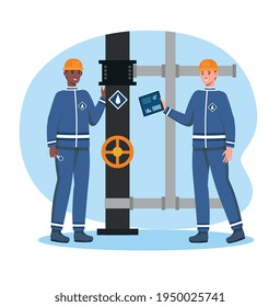Two cheerful oilmen turn a pipeline valve. Engineer checks and controlled. Concept of gas service and oil industry Workers in special clothing and helmet. Flat cartoon vector illustration