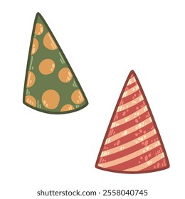 Two cheerful party hats featuring rustic polka dots and stripe designs. Ideal for forest-themed or nature-inspired birthday illustrations. Handcrafted look for party decor, invites, holiday materials