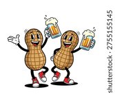Two cheerful peanuts in red sneakers holding beer mugs, dancing and having fun, perfect for marketing, advertising, or lifestyle concepts.