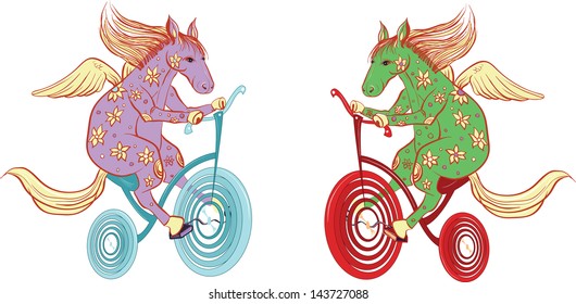 Two cheerful Pegasus roll on bike