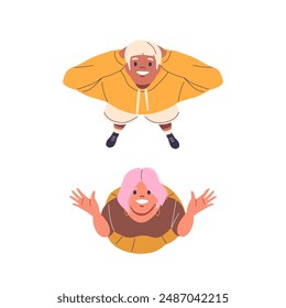 Two Cheerful People Looking Up With Joyful Expressions. Vector Illustration Portrays Happiness, Excitement And Optimism