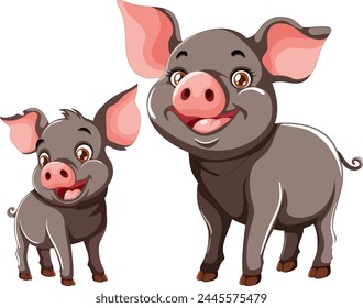 Zwei fröhliche Schweine in einem verspielten Stil illustriert.