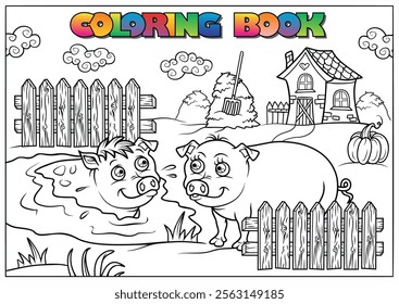 Two cheerful pigs are playing near a puddle of mud on a farm, creating a fun coloring experience for children.