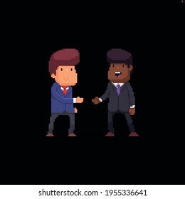 Two cheerful pixel art male characters in office suits with different skin color ready to shake hands